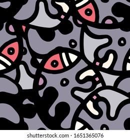 Hippy Print.  Modern Seamless Pattern.  Gray, Bordo Cool Hand Drawn. Linear Collage. Bizarre Street Art. Creative Trendy Style. Abstract, Contrast Shape. Doodle Crazy Vector Background.
