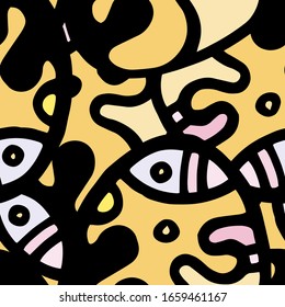 Hippy Print.  Modern Seamless Pattern.  Black, Yellow Summer Hand Drawn. Linear Collage. Bizarre Street Art. Creative Trendy Style. Abstract, Contrast Shape. Doodle Crazy Vector Background.
