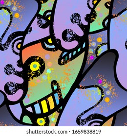Impresión Hippy. Diseño moderno sin inconvenientes.  Embalaje Brillante. Mano fría dibujada. Collage lineal. Arte de la calle Bizarre. Estilo creativo y moderno. Forma de contraste abstracto. Fondo del Vector Loco de Doodle.
