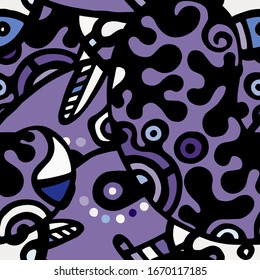 Impresión Hippy. Diseño moderno sin inconvenientes.  Mano Azul, Púrpura Caótica Dibujada. Collage lineal. Arte de la calle Bizarre. Estilo creativo y moderno. Resumen, Forma de contraste. Fondo del Vector Loco de Doodle.
