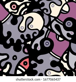 Hippy Print.  Modern Seamless Pattern.  Gray, Bordo Summer Hand Drawn. Linear Collage. Bizarre Street Art. Creative Trendy Style. Abstract, Contrast Shape. Doodle Crazy Vector Background.
