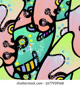 Hippy Print.  Modern Seamless Pattern.  Color Surface. Fantasy Hand Drawn. Linear Collage. Bizarre Street Art. Creative Trendy Style. Abstract Contrast Shape. Doodle Crazy Vector Background.
