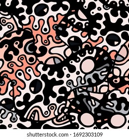 Hippy Print.  Modern Seamless Pattern.  Gray, Bordo Fantasy Hand Drawn. Linear Collage. Bizarre Street Art. Creative Trendy Style. Abstract, Contrast Shape. Doodle Crazy Vector Background.
