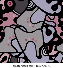 Hippy Print.  Modern Seamless Pattern.  Gray, Bordo Cool Hand Drawn. Linear Collage. Bizarre Street Art. Creative Trendy Style. Abstract, Contrast Shape. Doodle Crazy Vector Background.
