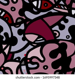 Hippy Print.  Modern Seamless Pattern.  Gray, Bordo Chaotic Hand Drawn. Linear Collage. Bizarre Street Art. Creative Trendy Style. Abstract, Contrast Shape. Doodle Crazy Vector Background.
