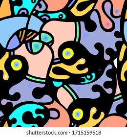 Hippy Print.  Modern Seamless Pattern.  Color, Multicolor Cool Hand Drawn. Linear Collage. Bizarre Street Art. Creative Trendy Style. Abstract, Contrast Shape. Doodle Crazy Vector Background.
