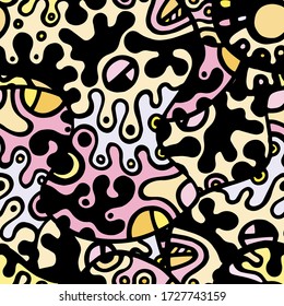 Hippy Print.  Modern Seamless Pattern.  Black, Yellow Cool Hand Drawn. Linear Collage. Bizarre Street Art. Creative Trendy Style. Abstract, Contrast Shape. Doodle Crazy Vector Background.
