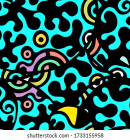 Impresión Hippy.  Patrón moderno sin foco.  Color, Color Multicolor De La Mano De La Fantasía. Collage lineal. Arte de la calle Bizarre. Estilo creativo de moda. Resumen, Forma de contraste. Fondo del Vector Loco de Doodle.
