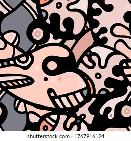 Hippy Print.  Modern Seamless Pattern.  Gray, Bordo Summer Hand Drawn. Linear Collage. Bizarre Street Art. Creative Trendy Style. Abstract, Contrast Shape. Doodle Crazy Vector Background.
