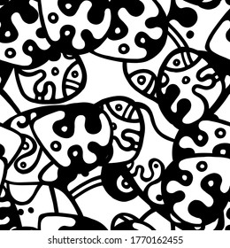 Hippy Print.  Modern Seamless Pattern.  Black, White Summer Hand Drawn. Linear Collage. Bizarre Street Art. Creative Trendy Style. Abstract, Contrast Shape. Doodle Crazy Vector Background.
