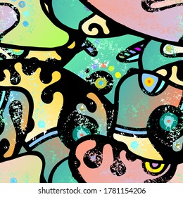 Hippy Print.  Modern Seamless Pattern.  Vivid Packaging. Chaotic Hand Drawn. Linear Collage. Bizarre Street Art. Creative Trendy Style. Abstract Contrast Shape. Doodle Crazy Vector Background.
