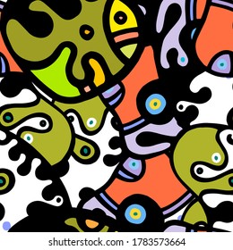 Hippy Print.  Modern Seamless Pattern.  Color, Multicolor Cool Hand Drawn. Linear Collage. Bizarre Street Art. Creative Trendy Style. Abstract, Contrast Shape. Doodle Crazy Vector Background.
