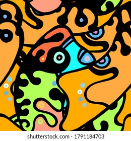 Hippy Print.  Modern Seamless Pattern.  Color, Multicolor Fantasy Hand Drawn. Linear Collage. Bizarre Street Art. Creative Trendy Style. Abstract, Contrast Shape. Doodle Crazy Vector Background.
