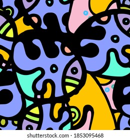 Hippy Print.  Modern Seamless Pattern.  Color, Multicolor Summer Hand Drawn. Linear Collage. Bizarre Street Art. Creative Trendy Style. Abstract, Contrast Shape. Doodle Crazy Vector Background.
