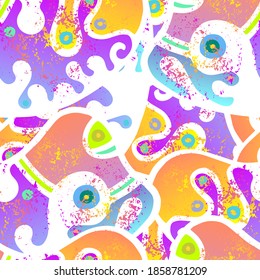 Hippy Print.  Modern Seamless Pattern.  Mystic Surface. Chaotic Hand Drawn. Linear Collage. Bizarre Street Art. Creative Trendy Style. Abstract Contrast Shape. Doodle Crazy Vector Background.

