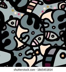 Impresión Hippy.  Patrón moderno sin foco.  La Mano De La Fantasía Negra Y Amarilla. Collage lineal. Arte de la calle Bizarre. Estilo creativo de moda. Resumen, Forma de contraste. Fondo del Vector Loco de Doodle.
