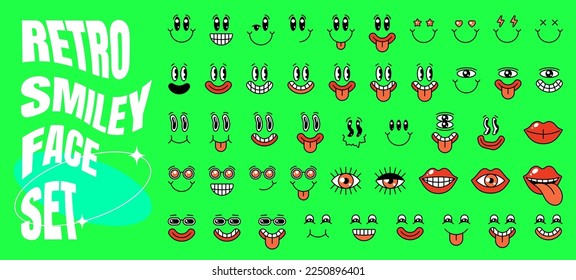 Hippy smiley character set. Retro crazy emoji collection. Hippie psychedelic smile faces. Positive old cartoon style facial expressions. Vintage different emotions comic eye and mouth elements. Vector