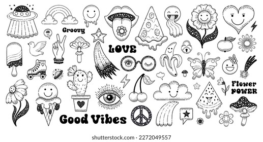 Hippy stickers. Groovy icons with peace sign, flower, mushroom, smile. Retro boho 70s clipart. Doodle emoji graphic. Hippie element. Logo, tattoo, music cute psychedelic vector art. Hippy groovy funky