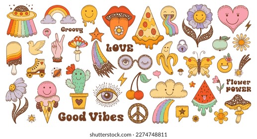 Hippy stickers. Groovy icons with peace sign, flower, mushroom, smile. Retro boho 70s clipart. Doodle emoji graphic. Hippie element. Logo, tattoo, music cute psychedelic vector art. Hippy groovy funky