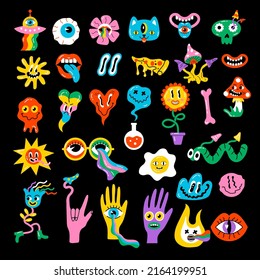 Hippy stickers. Neon psychedelic funny badges happy hallucination elements faces emoji mushrooms recent vector pictures set