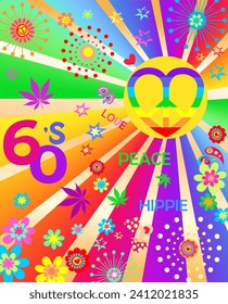 Afiche artístico de estilo hippy de los años 1960 con arrebato de sol multicolor, sol, signo de paz, hojas de marihuana morado y verde, colorido poder floral, mosca agaric, amapolas rojas y amor, paz, palabra hippie
