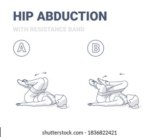 Hips Abduction with Resistance Band Exercise Female Silhouette Illustration. Concept of Girl Working at Home on Her Butt a Young Woman in Sportswear Doing Hip Abductions on a Floor.