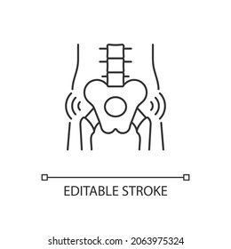 Icono lineal del reumatismo de cadera. Enfermedad articular degenerativa. Dolor intenso. Cartílago en cadera desgastado. Ilustración personalizable de línea delgada. Símbolo de contorno. Dibujo de contorno aislado del vector. Trazo editable