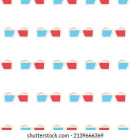 Hipster 3d anaglyph red and blue cinema glass icon. Flat retro seamless pattern, cover illustration.