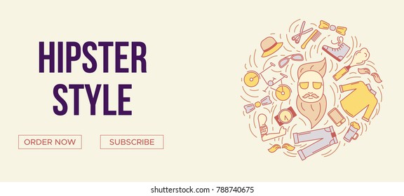 Hipster Accessories Banner Or Flyer In Line Art Style With Trendy Clothing, Gadgets, Bicycle, Icons Set, Template For Banner, Flyer, Print, Vector Illustration