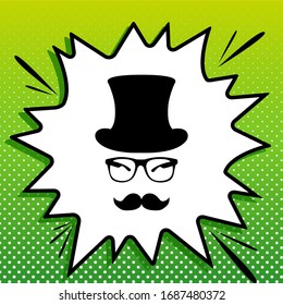 Hipster accessories design. Black Icon on white popart Splash at green background with white spots. Illustration.