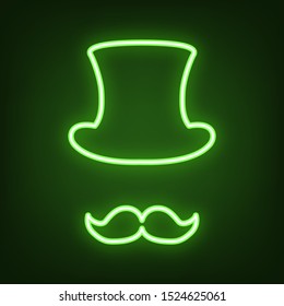 Hipster accessories design. Green neon icon in the dark. Blurred lightening. Illustration.