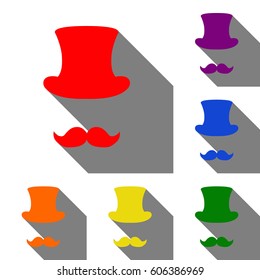 Hipster accessories design. Set of red, orange, yellow, green, blue and violet icons at white background with flat shadow.