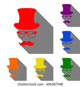 Hipster accessories design. Set of red, orange, yellow, green, blue and violet icons at white background with flat shadow.