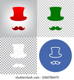 Hipster accessories design. Vector. 4 styles. Red gradient in radial lighted background, green flat and gray scribble icons on transparent and linear one in blue circle.