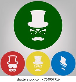 Hipster accessories design. Vector. 4 white styles of icon at 4 colored circles on light gray background.