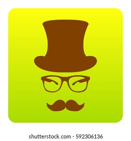 Hipster accessories design. Vector. Brown icon at green-yellow gradient square with rounded corners on white background. Isolated.