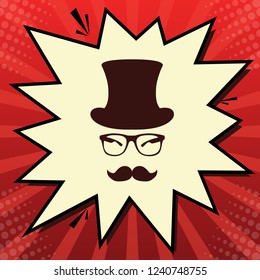 Hipster accessories design. Vector. Dark red icon in lemon chiffon shutter bubble at red popart background with rays.