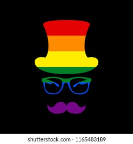 Hipster accessories design. Vector. Icon with colors of LGBT flag at black background.