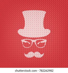Hipster accessories design. Vector. Knitted white icon on a red knitted background.