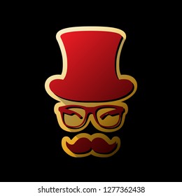 Hipster accessories design. Vector. Red icon with small black and limitless shadows at golden sticker on black background.