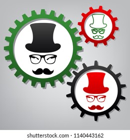 Hipster accessories design. Vector. Three connected gears with icons at grayish background.