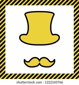 Hipster accessories design. Vector. Warm yellow icon with black contour in frame named as under construction at white background. Isolated.