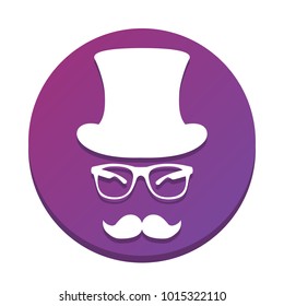 Hipster accessories design. Vector. White icon with flat shadow on purpureus circle at white background. Isolated.