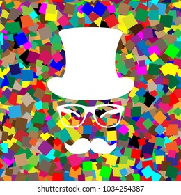 Hipster accessories design. Vector. White icon on colorful background with seamless pattern from squares.