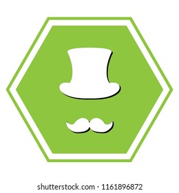 Hipster accessories design. Vector. White icon with black shadow at yellow green honeycomb on white background.