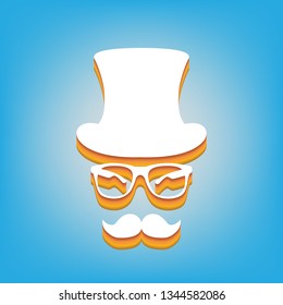 Hipster accessories design. Vector. White icon with 3d warm-colored gradient body at sky blue background.