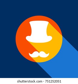 Hipster accessories design. Vector. White icon on tangelo circle with infinite shadow of light at cool black background. Selective yellow and bright navy blue are produced.