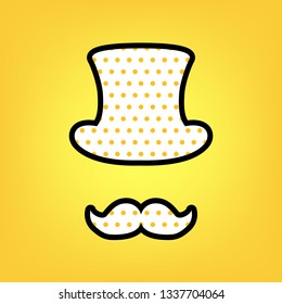 Hipster accessories design. Vector. Yellow polka dot white icon with black contour at warm yellow background.