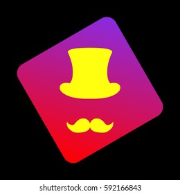 Hipster accessories design. Vector. Yellow icon at violet-red gradient square with rounded corners rotated for dynamics on black background.