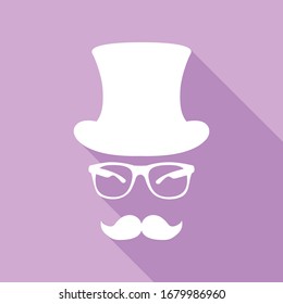 Hipster accessories design. White Icon with long shadow at purple background. Illustration.